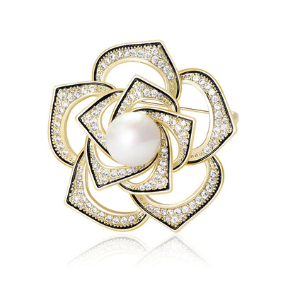 Pearl Center Openwork Camellia Brooch isolated front view