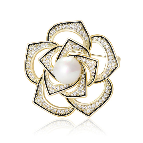 Pearl Center Openwork Camellia Brooch isolated front view
