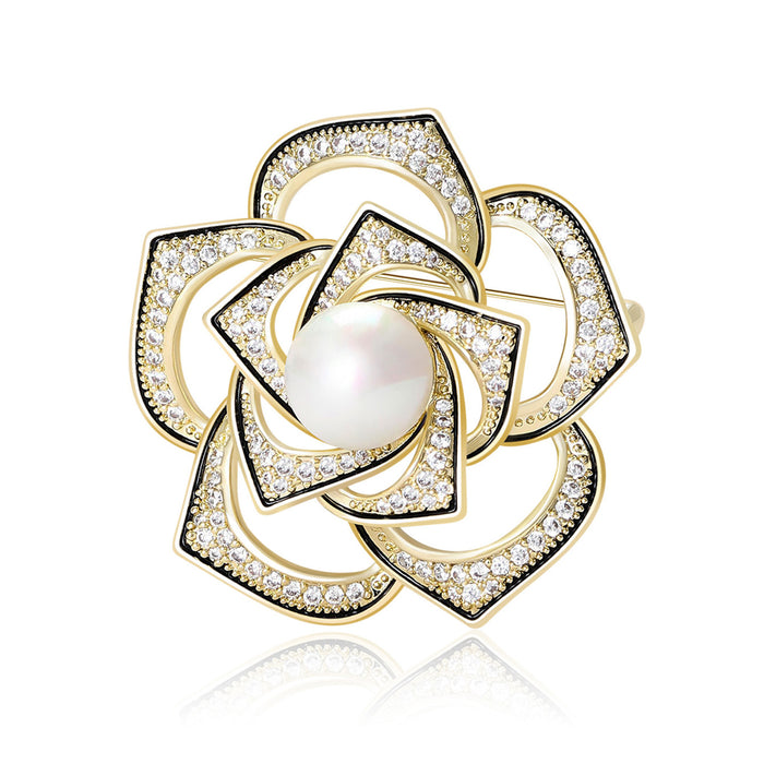 Pearl Center Openwork Camellia Brooch in Silver and Gold