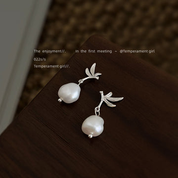 Silver Tone Leaf Branch Irregular White Pearl Drop Stud Earrings