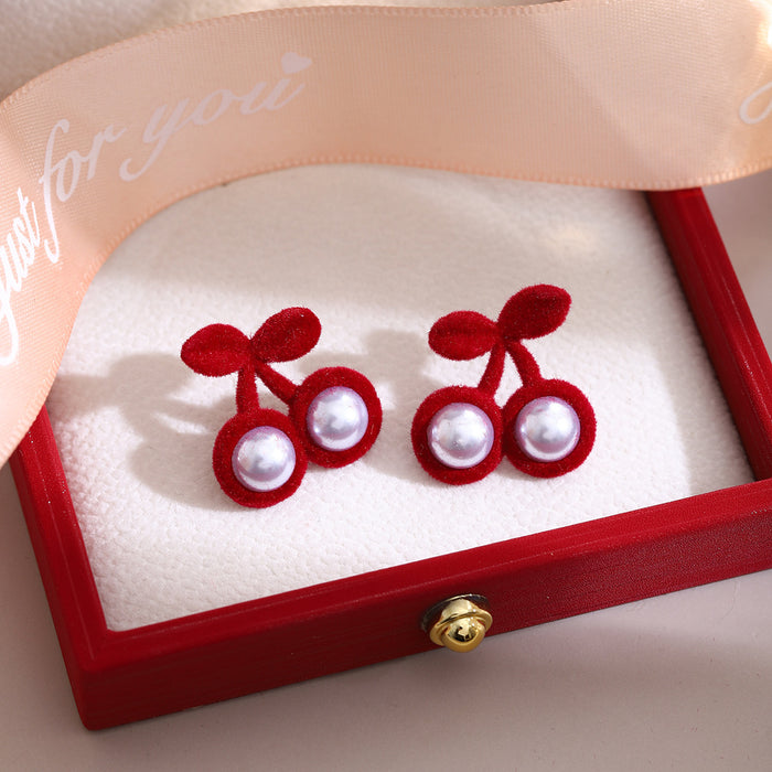Burgundy Flocked Double Cherry Pearl Look Stud Earrings