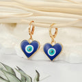 Gold Tone Enamel Heart and Triangle Evil Eye Huggie Drop Earrings view 3