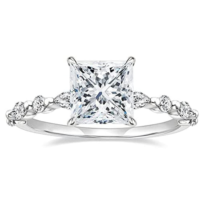 Silver Princess Square Clear CZ Side Stone Ring Sizes 6-10