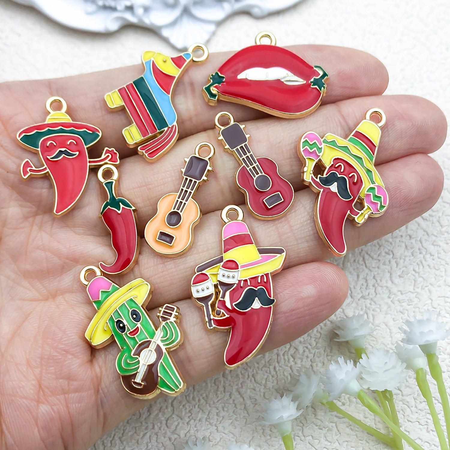 Enamel Zinc Alloy Chili Pepper Cactus Mexican Theme Charm Pendant for DIY Jewelry