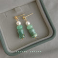 Gold Ball Stud Pearl Green Bamboo Glass Drop Earrings view 4