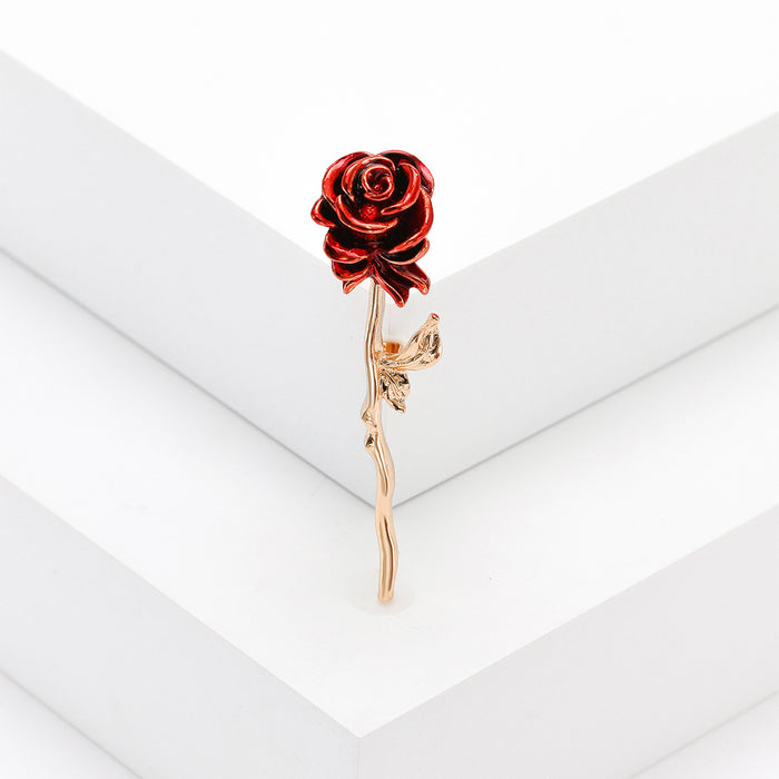 Red Enamel Rose Brooch Gold Metal Stem Leaf Single Pin