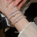 Double Row Pearl and Rhinestone Open Cuff Bangle Bracelet view 3