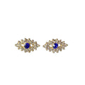 Gold Evil Eye Stud Earrings Blue Center Clear Crystal Halo view 5