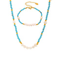 Turquoise Freshwater Pearl Bead Necklace Bracelet Gold Tone view 5