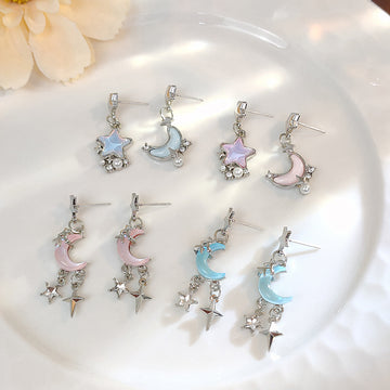 Pink and Blue Star Moon Chain Tassel Stud Earrings