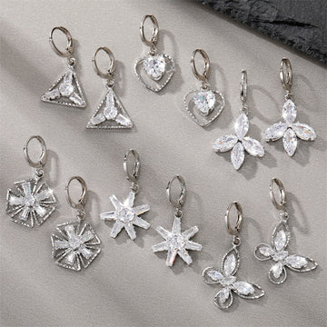 Silver Tone Clear Crystal Geometric Huggie Drop Earrings in Six Designs