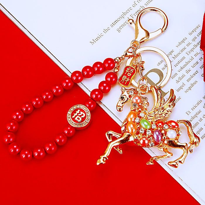 Red Bead Strand Horse Keychains in Four Distinct Motif Options
