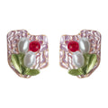 Pink Hammered Stud Earrings Pearl Tulip Red Crystal Pair view 5