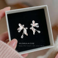 Silver Pink Flower Clear Stone Drop Earrings Pair Set view 4