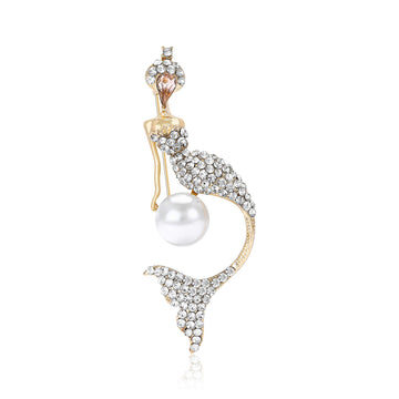 Crystal Mermaid Brooch with Large Pearl Accent in Two Tones