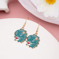 Teal Enamel Dinosaur Hook Earrings Red Heart Flower view 3