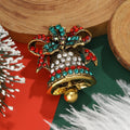 Rhinestone Christmas Bell Brooch Red Green Bow Gold Tone view 2
