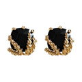 Gold Tone Black Shield Faceted Stone And Leaf Branch Stud Earrings view 4
