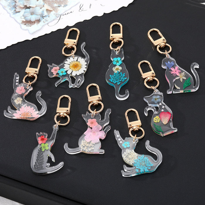 Resin Cat Silhouette Dried Flower Keychains 3 Styles