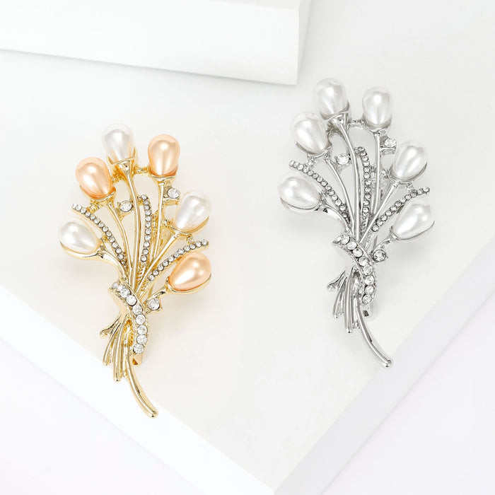 Elegant Pearl Bud Bouquet Brooch in Gold and Silver Tones