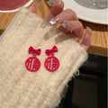 Red Bow And Fu Character Drop Earrings Statement Jewelry view 3