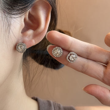 Square and Round Clear Stone Halo Silver Tone Stud Earrings
