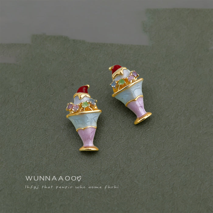Gold Tone Purple Ice Cream Cup And Color Stone Stud Earrings