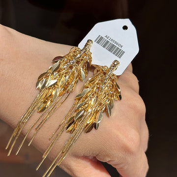 Gold Wheat Leaf and Chain Fringe Drop Earrings With Metal Details