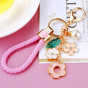 Pink Five-Petal Flower Keychains with Optional Braided Wrist Loop