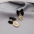 Black Fabric Bow and Pearl Look Oval Dangle Earrings view 4