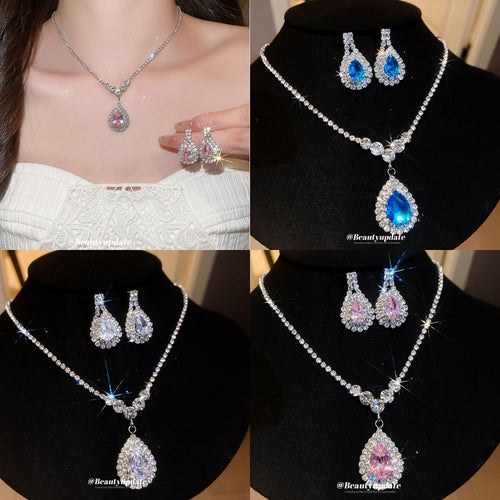 Blue pink and clear teardrop necklace earring sets collage on models