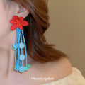 Red Flower and Blue Beaded Tassel Statement Earrings view 3