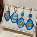 Blue Floral Oval Drop Earrings with Gold Tone Frames view 1