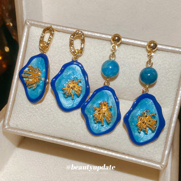 Blue Floral Oval Drop Earrings with Gold Tone Frames