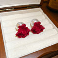 Red Fabric Flower and Bow Pearl Stud Earrings in Two Designs view 7