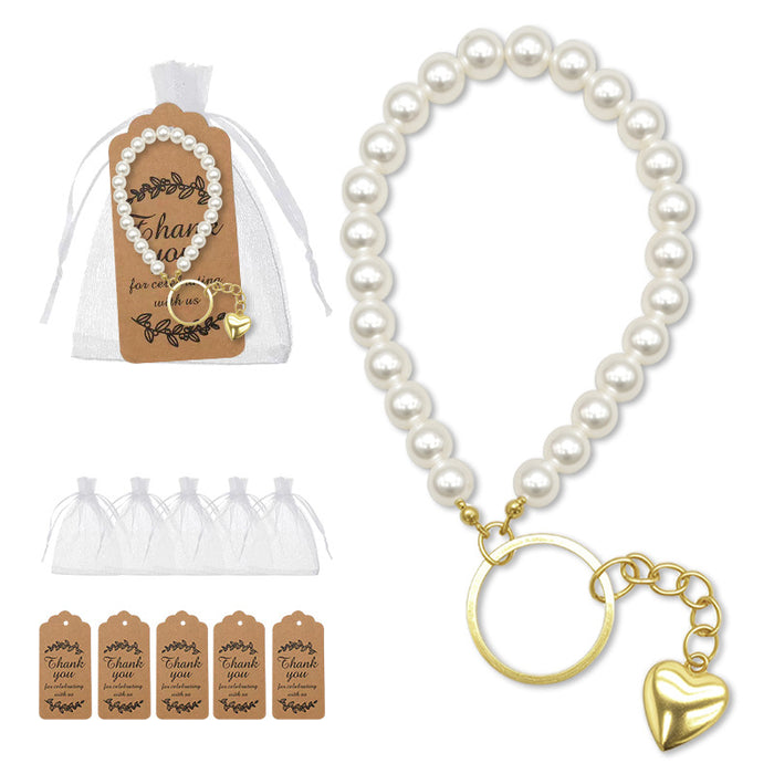 White Faux Pearl Wristlet Keychain Gold Heart Charm