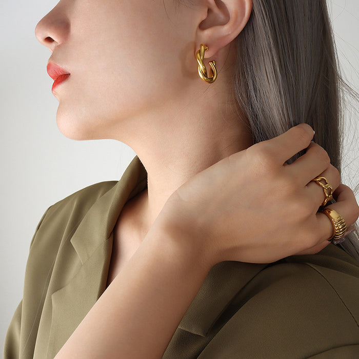 Twisted C-Shape Stud Hoop Earrings Gold Steel Tone Pair