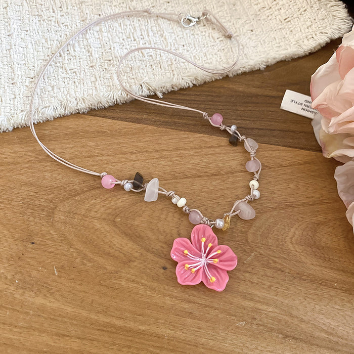 Colorful Beaded Flower Pendant Necklaces in Four Colors