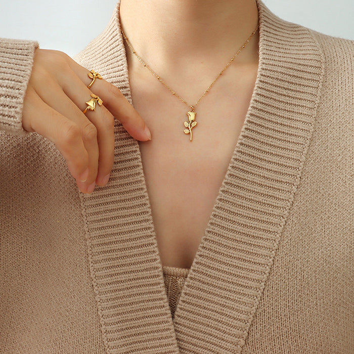 Rose Flower Pendant Necklace And Open Rose Leaf Rings