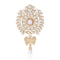 Crystal Rosette Bow Drop Brooch with Polished Metal and Decorative Accents view 1