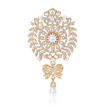 Crystal Rosette Bow Drop Brooch with Polished Metal and Decorative Accents