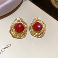 Round Enamel Statement Stud Earrings With Wavy Gold Tone Frames view 7