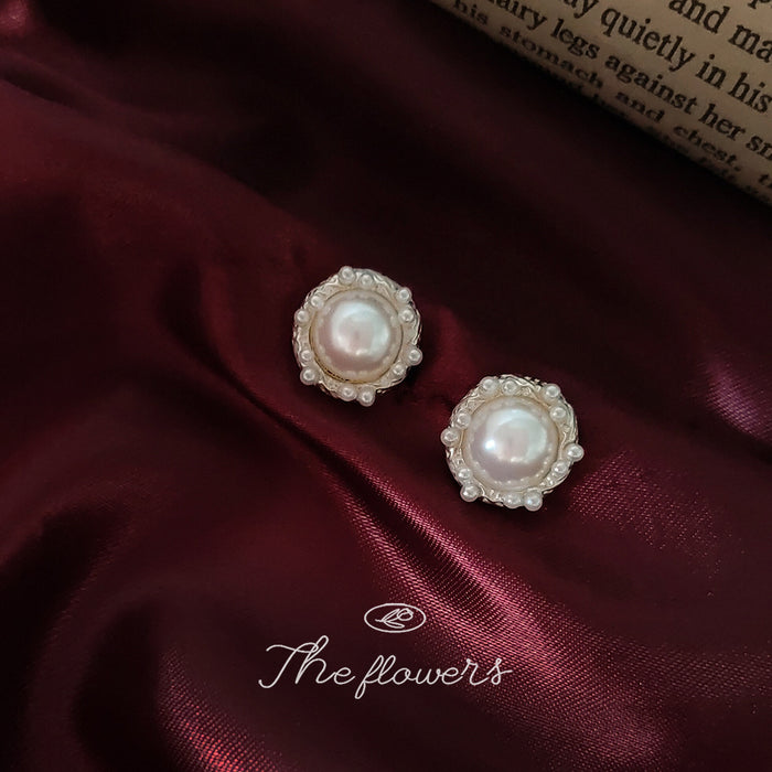 Gold Round Pearl Stud Earrings Seed Pearl Halo Frame