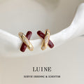 Gold X Cross Stud Earrings Wine Red Enamel Pave Pair view 4