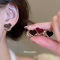 Heart And Pearl Stud Earrings In Black And Burgundy view 2
