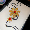 Gold Tone Flower Pendant Long Black Cord Necklace Jewelry view 6