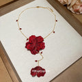 Fabric Flower Y Drop Necklace Gold Chain Crystal Accents view 4