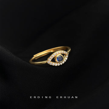 Gold-Tone Blue Center Crystal Eye Open Adjustable Ring