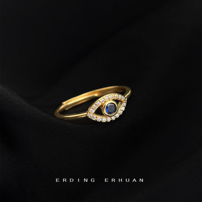 Gold-Tone Blue Center Crystal Eye Open Adjustable Ring