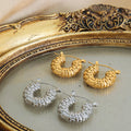 Woven Texture U Shape Hoop Earrings Gold Steel Finish view 3